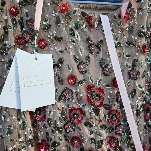 Mac Duggal Beige Embellished High Neck Long Sleeve A Line Gown Size 14 - Picture 8 of 9